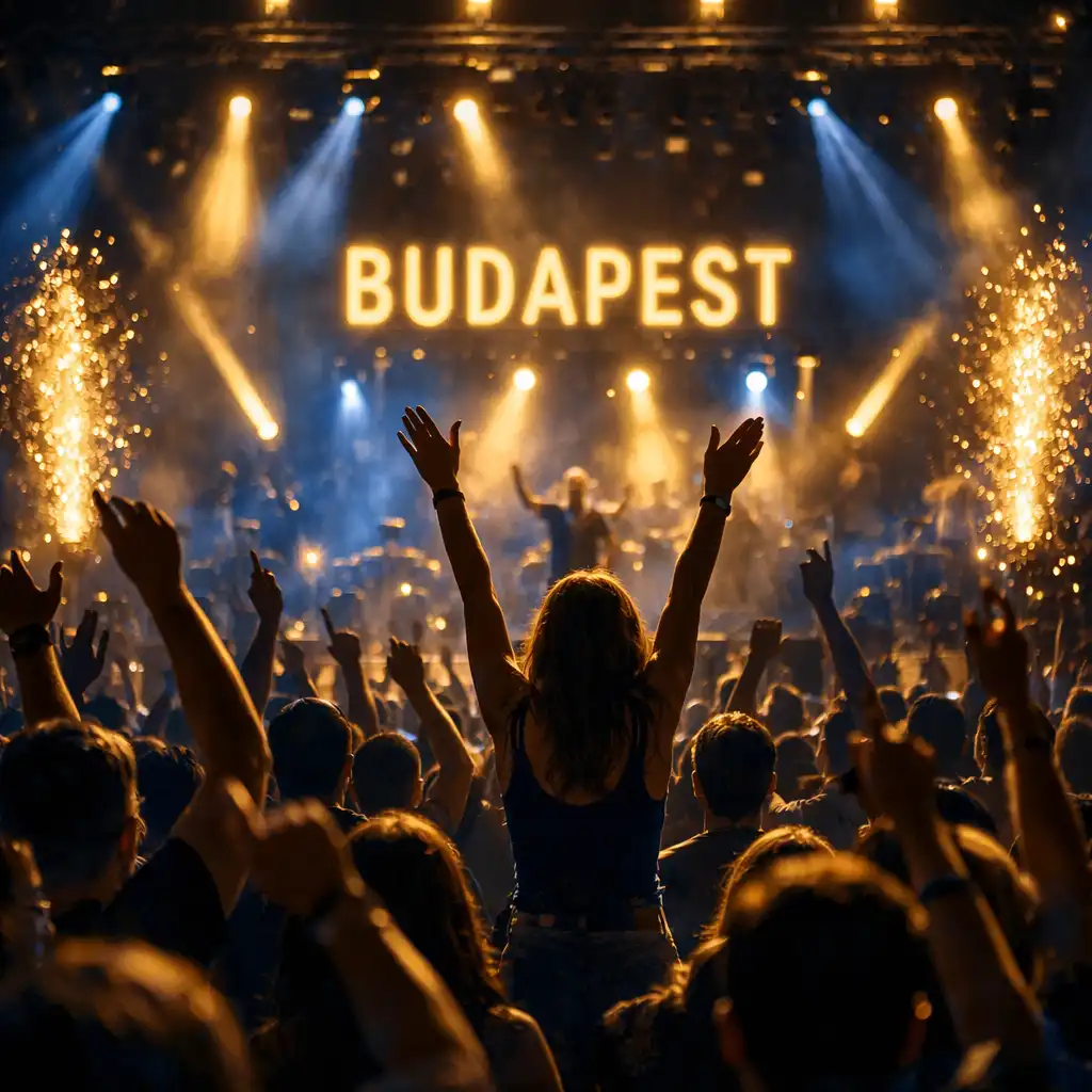 Budapesti koncert közönsége felemelt kezekkel és fényekkel