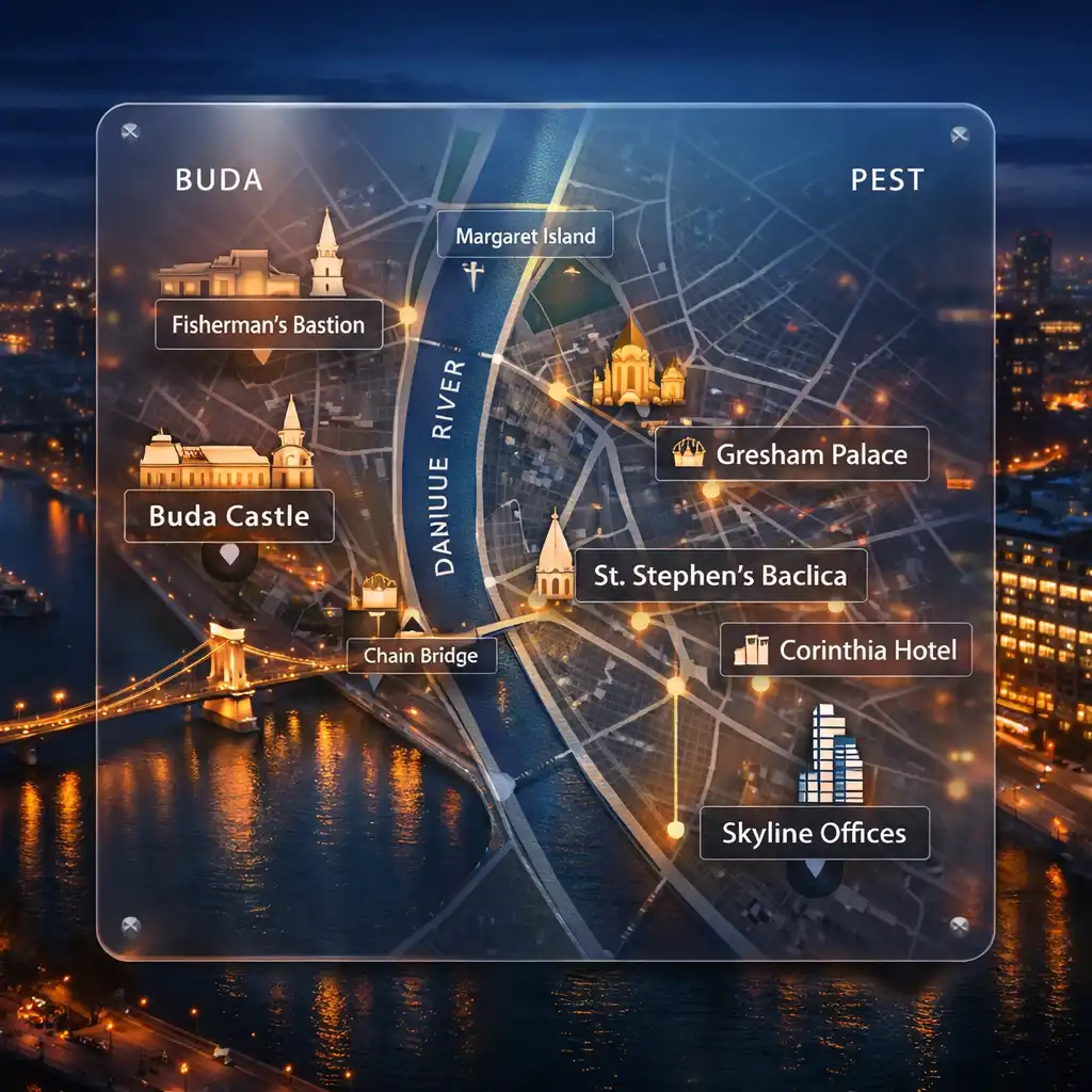 Budapest térképe esti hangulatban, kiemelve a BUDAPEST EVENINGS központi irodáját és ikonikus szórakozóhelyeit