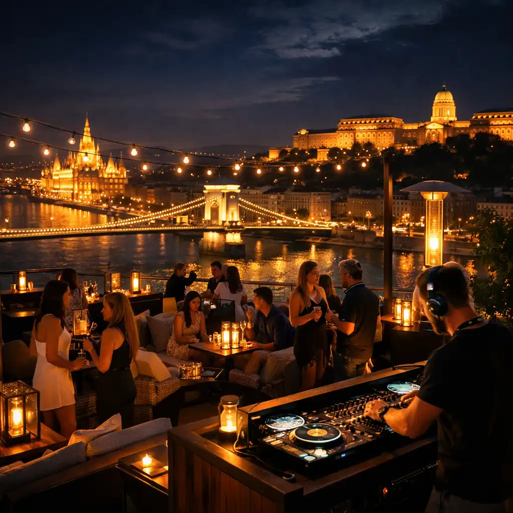 Budapesti rooftop klub éjszaka, panorámával és DJ pulttal