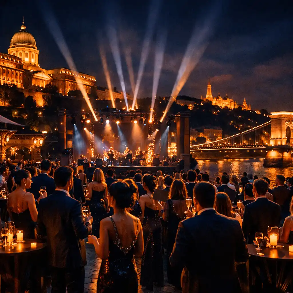 Budapest luxus éjszakai panorámája fényekkel és exkluzív hangulattal
