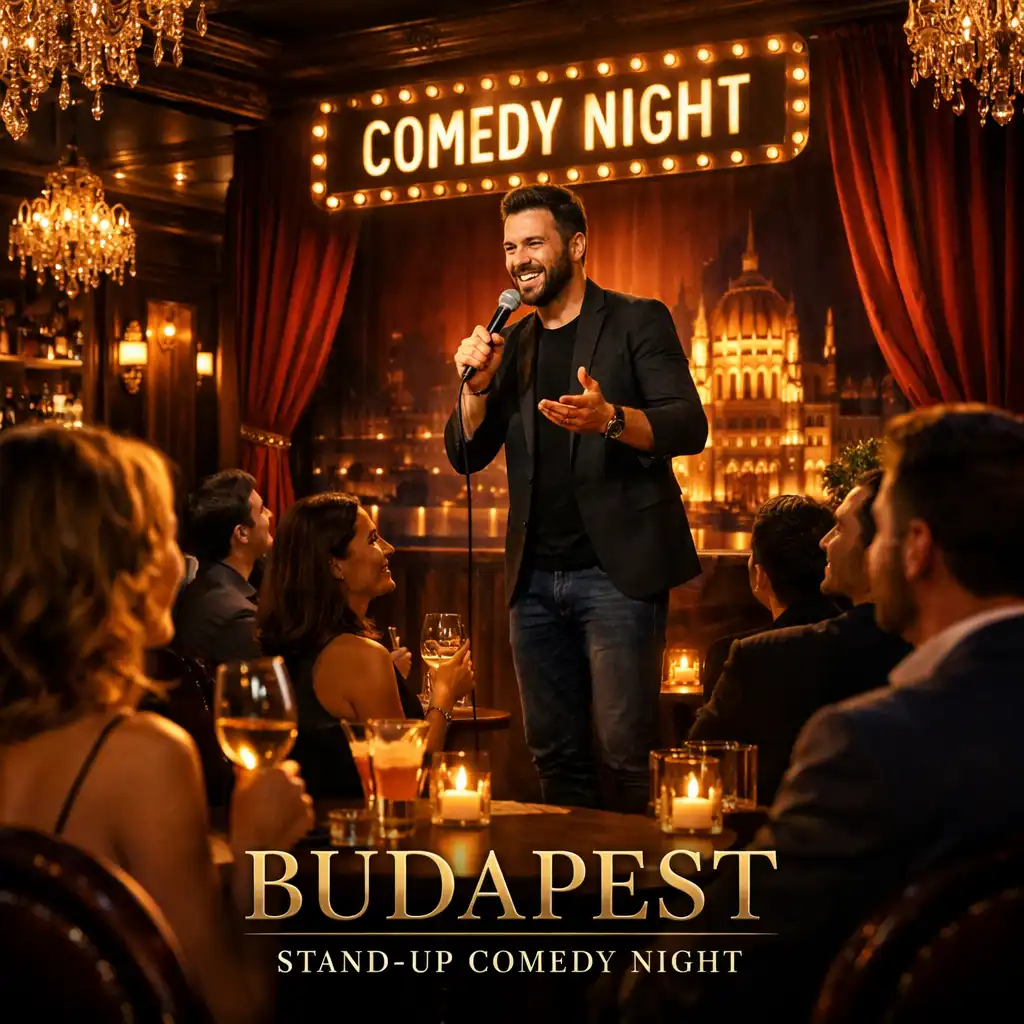 Hangulatos budapesti stand-up comedy est réz és arany fényekkel megvilágított színpaddal