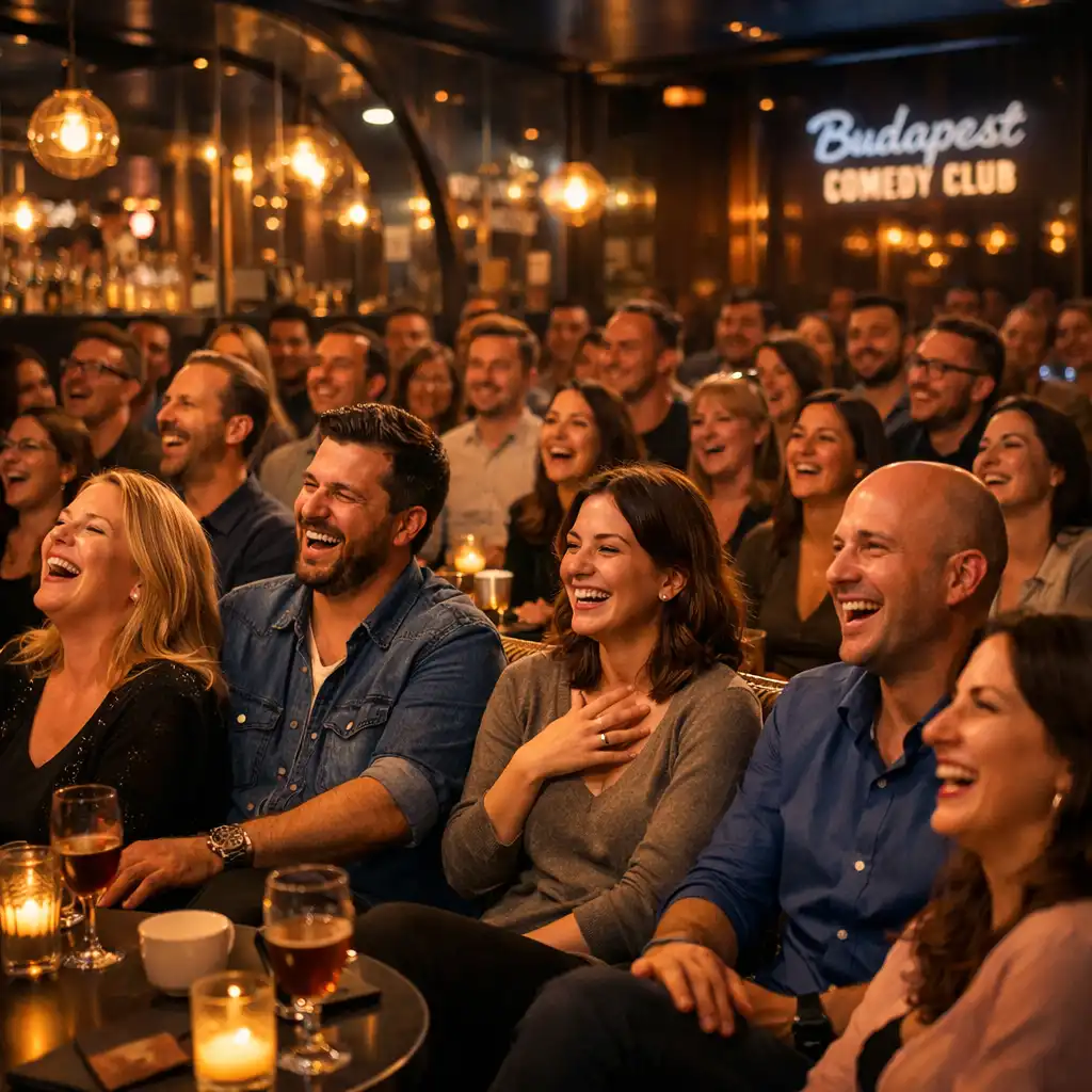 Nevető közönség egy budapesti stand-up comedy esten, meleg arany fényekkel megvilágítva