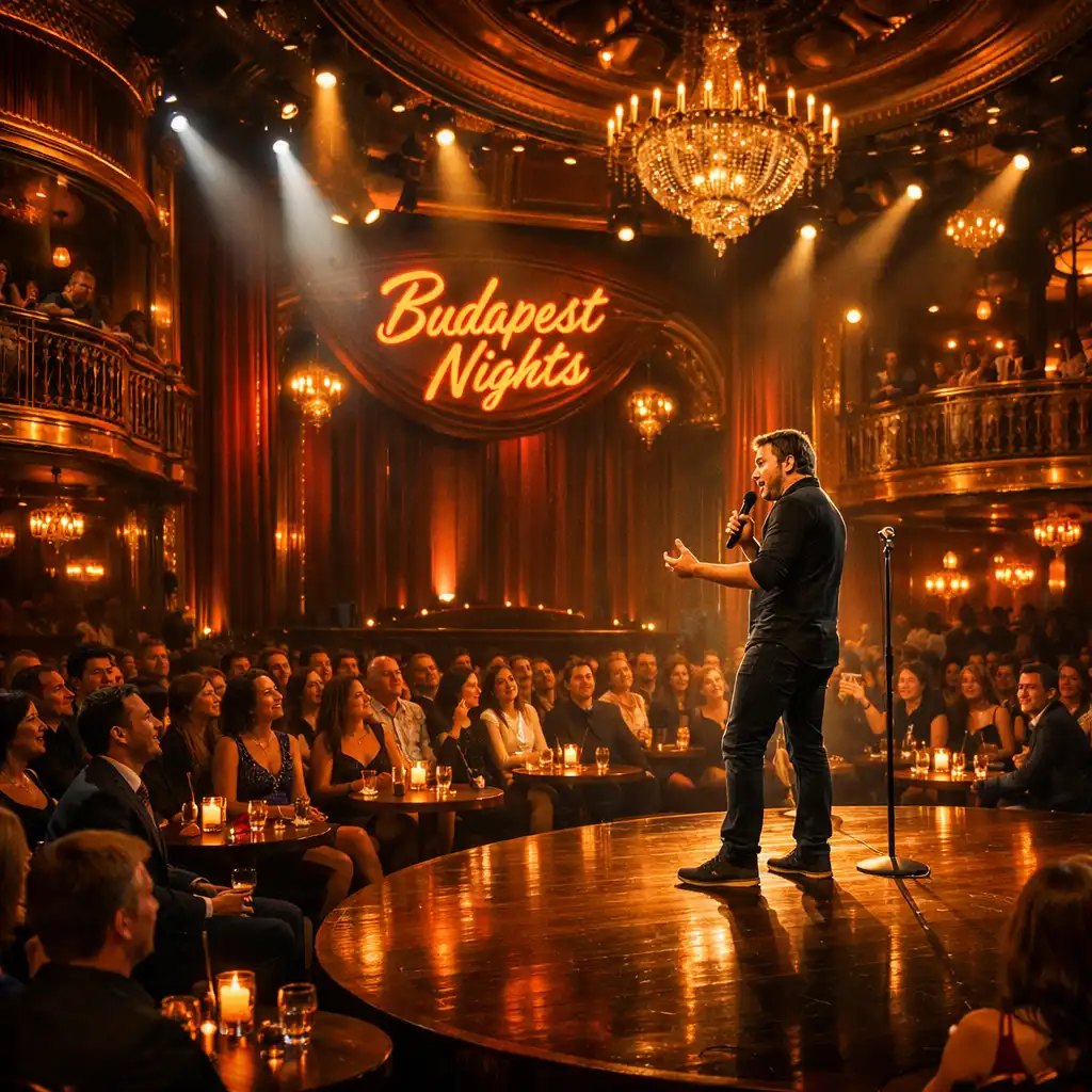 Elegáns budapesti stand-up színpad réz és arany fényekkel, mikrofonállvánnyal és városi háttérrel