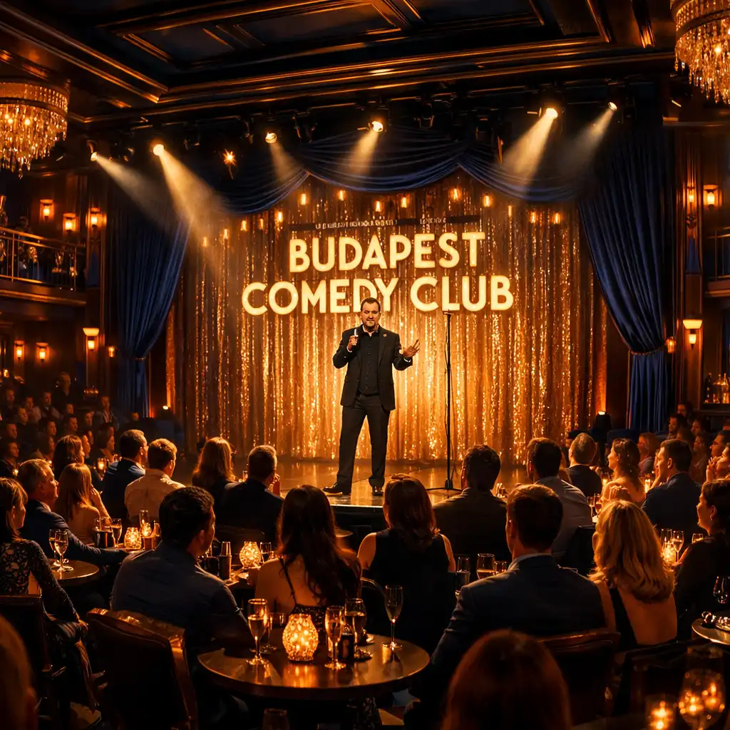 Elegáns budapesti stand-up comedy est telt házas közönséggel és reflektorfényben álló humoristával