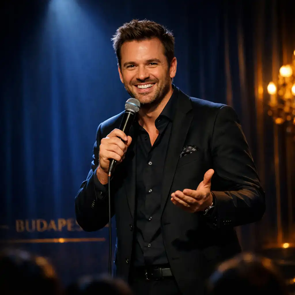 Exkluzív stand-up humorista portréja meleg, arany fényekkel megvilágított budapesti klubban