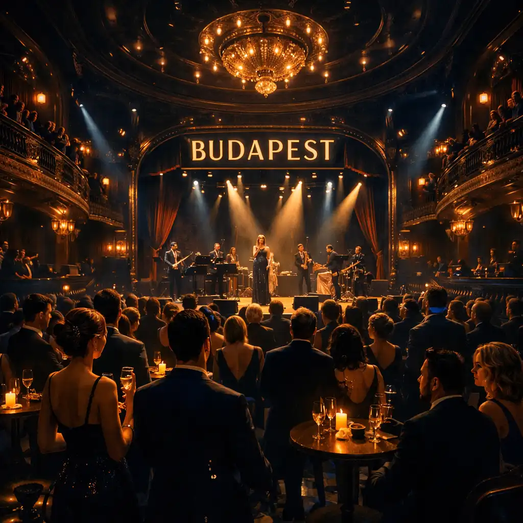 Éjszakai budapesti koncert fényekkel és közönséggel