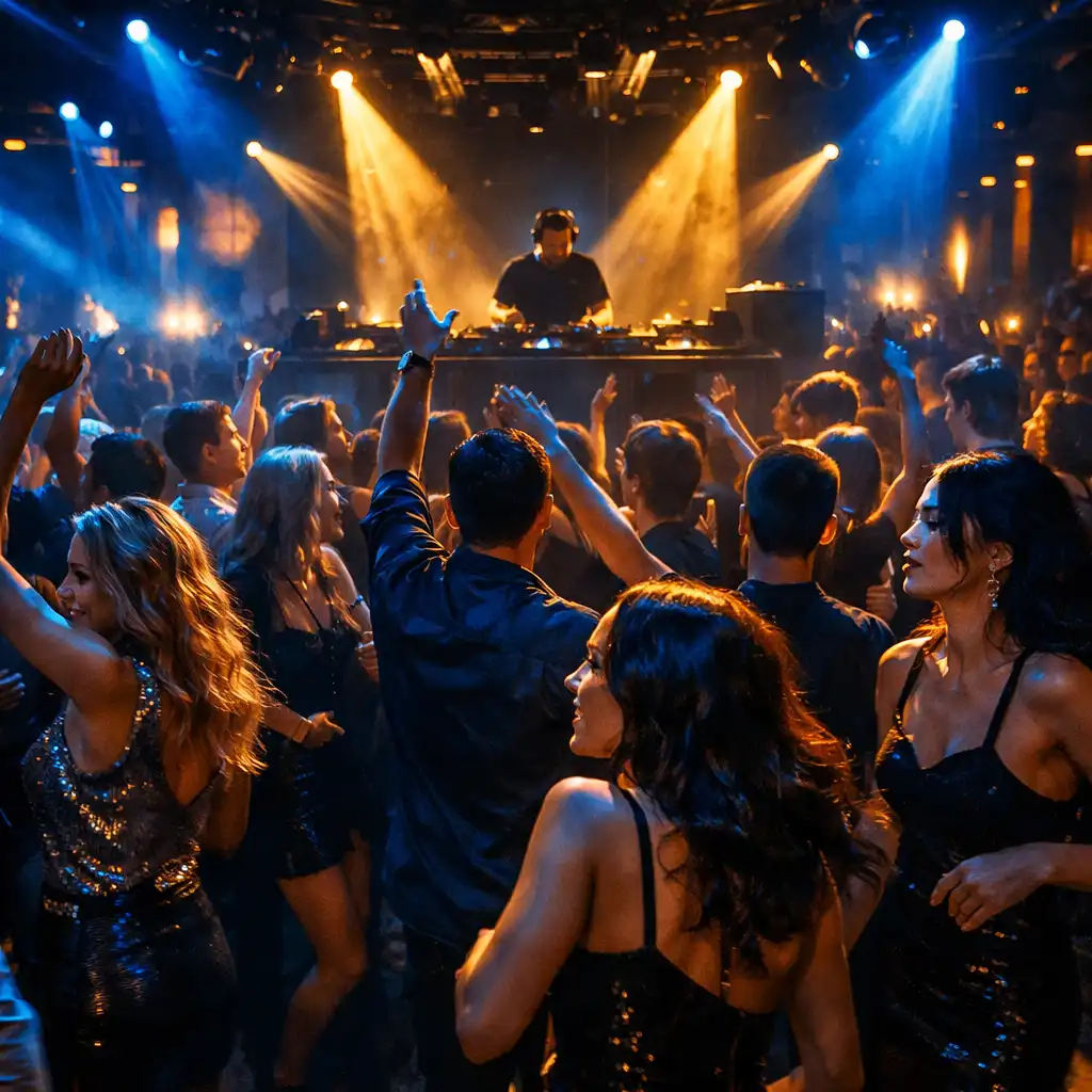 Táncoló tömeg egy budapesti DJ éjszakán, fényekkel és füsttel