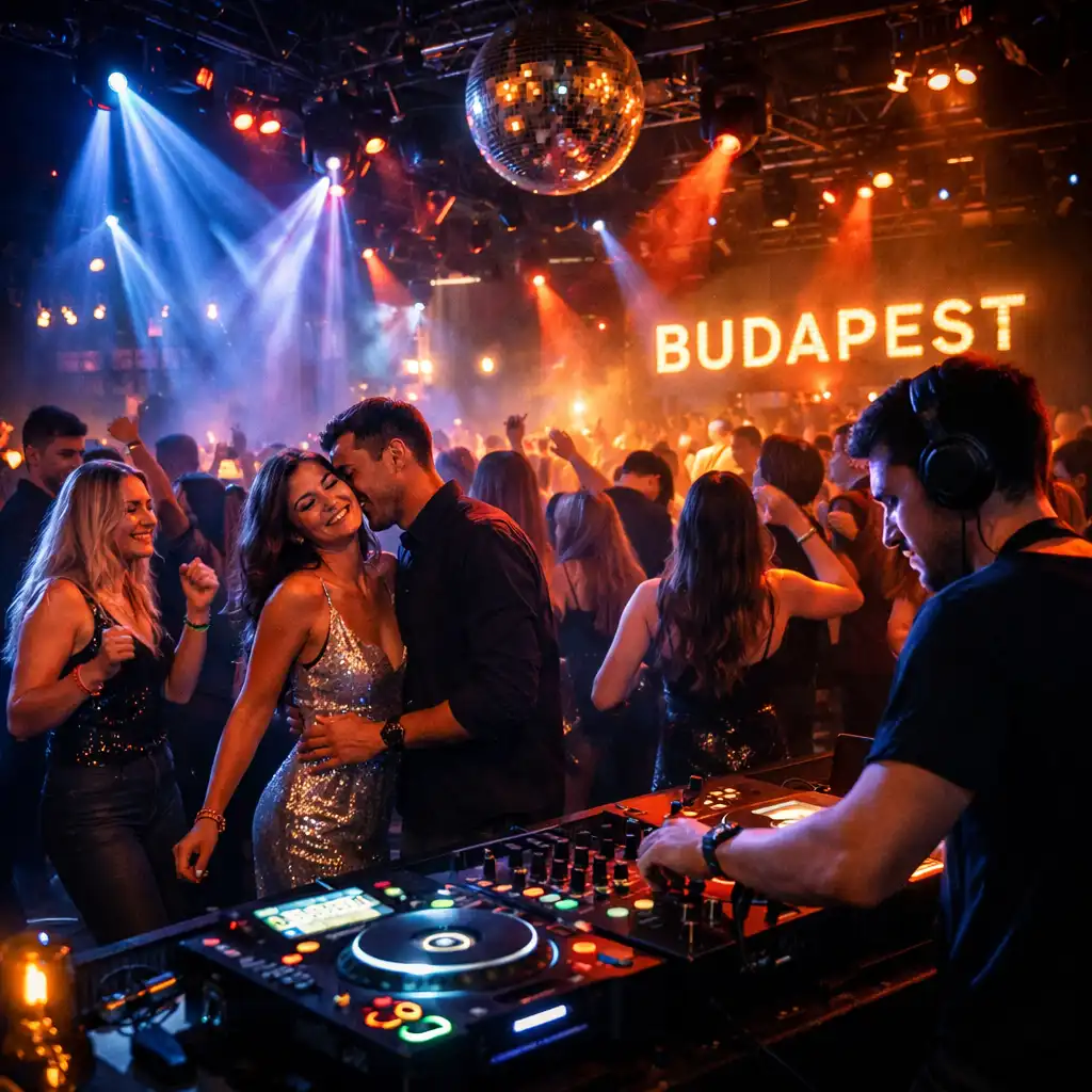 Cinematic fotó egy budapesti DJ éjszakáról, fényekkel és táncoló tömeggel