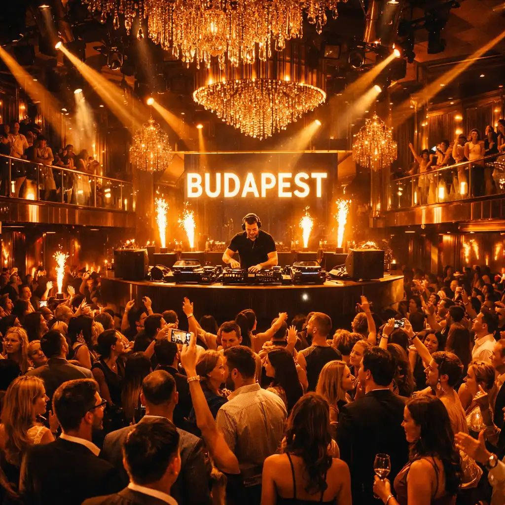 Cinematic DJ éjszaka Budapesten, luxus klub fényekkel és táncoló közönséggel