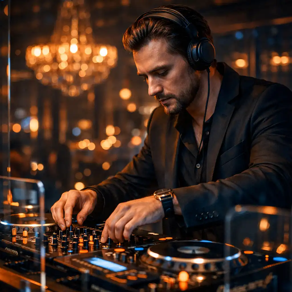 DJ pult közelről, prémium keverőpulttal és dinamikus fényekkel