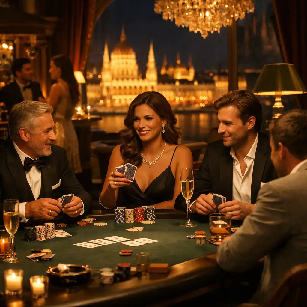 Elegáns offline pókerasztal Budapest esti fényeivel a háttérben