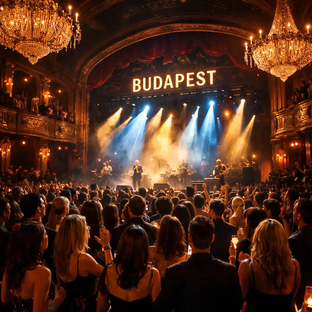 Koncertterem meleg fényekkel, színpadon zenekar, a közönség a budapesti éjszakában