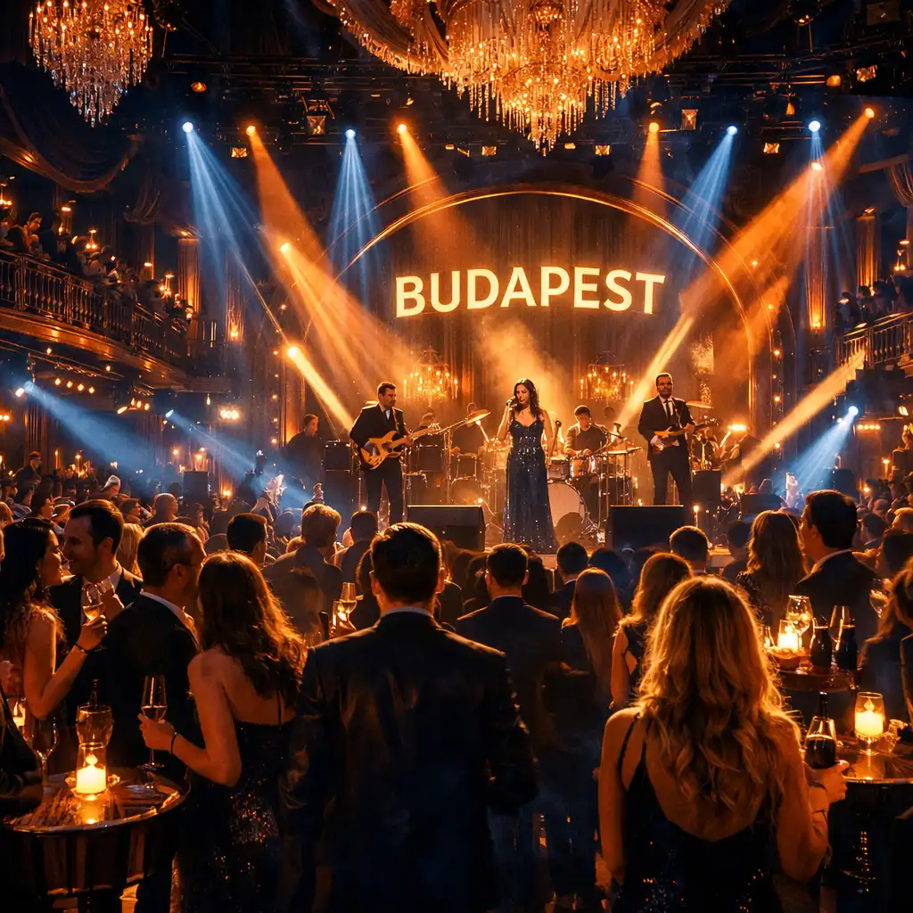 Budapest esti fényei, luxus klubok és koncerthelyszínek panorámája