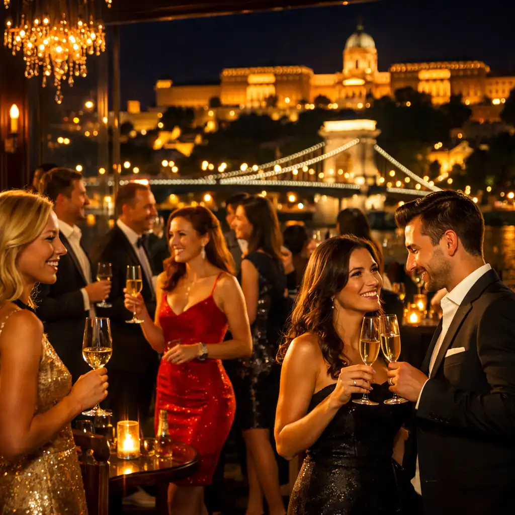 Elegáns vendégek pezsgővel egy budapesti éjszakai rendezvényen