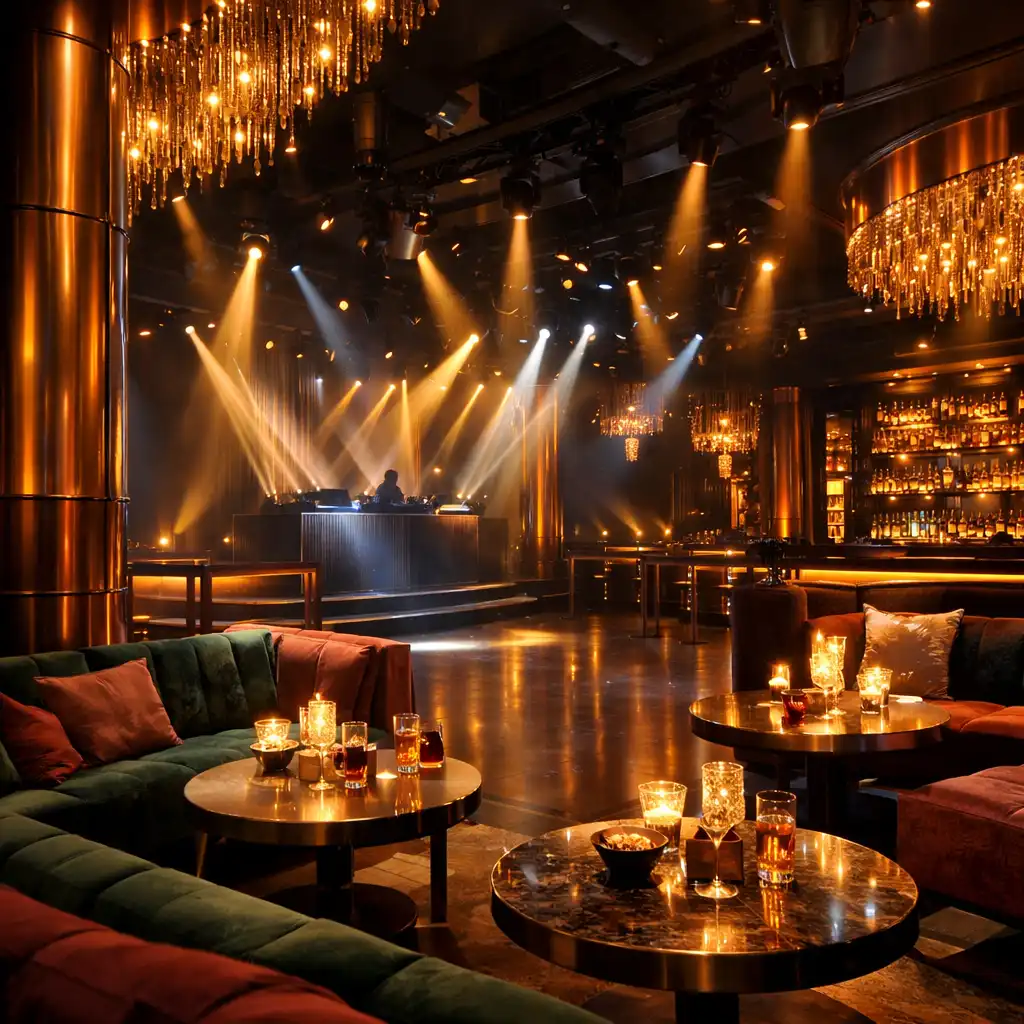 Luxus klub belső tér Budapesten, meleg fényekkel és elegáns dizájnnal