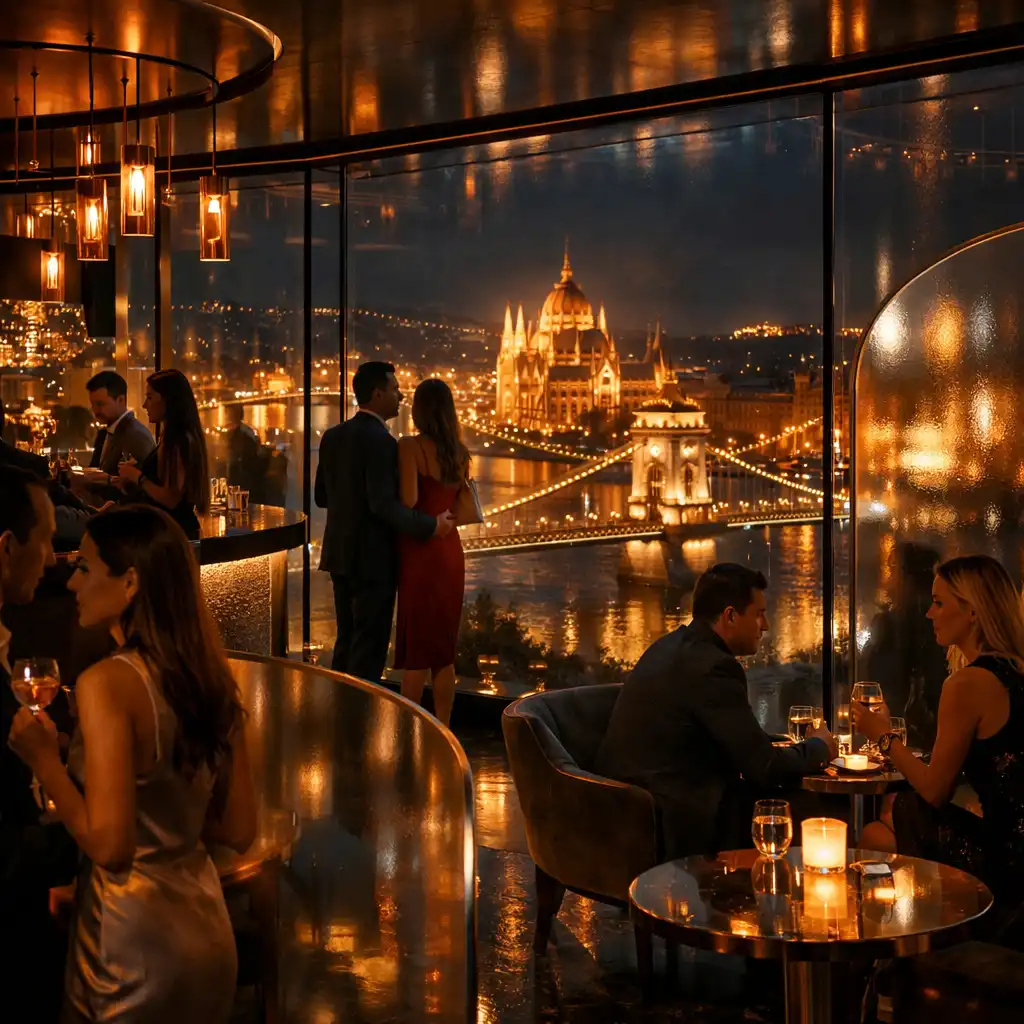 Budapest éjszakai panorámája fényárban úszó hidakkal és elegáns rendezvényhelyszínekkel