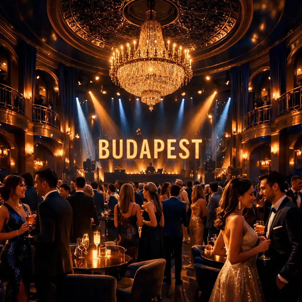 Elegáns budapesti nightclub belső tér meleg fényekkel és modern dizájnnal